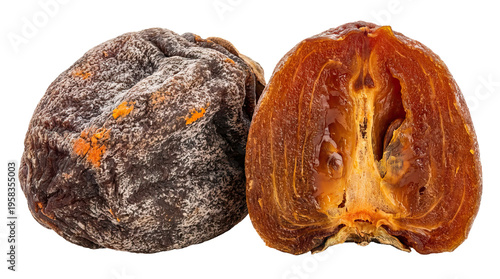 Dried fruit with outer rough texture and inner smooth vibrant orange flesh displayed on a solid white background and no background