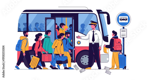 People boarding a bus with a driver assisting.