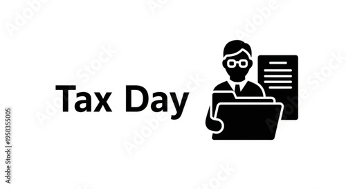 A minimalist vector graphic illustration of a man working on tax day with a laptop and documents.