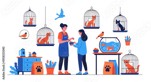 Pet store interaction between customer and employee.