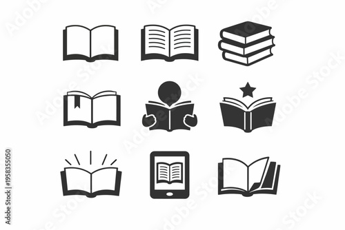Set of nine book and reading icons featuring open books and e-reader
