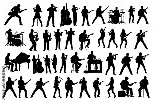 Silhouette musicians performing various instruments and dance poses