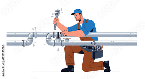 Plumber Fixing Leaking Pipes with Wrench Professionally.
