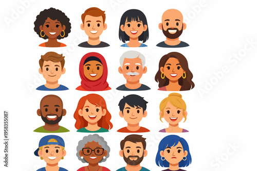 Diverse cartoon faces of various genders and races
