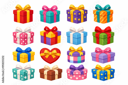 Colorful gift boxes with bows collection in various shapes and patterns