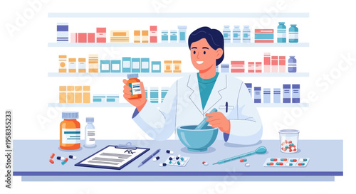 Pharmacist preparing medication in a pharmacy setting.