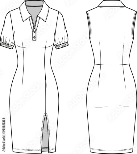 Polo Collar Short Sleeve Midi Dress Technical Flat Sketch, Button Placket Bodycon Fashion CAD Drawing, Vector Template for Apparel Design.