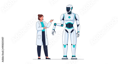Scientist Interacting With Advanced Humanoid Robot.