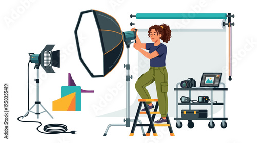 Photographer adjusting studio lighting equipment for a shoot.