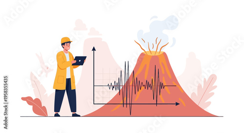 Scientist monitoring volcanic activity with seismic graph.