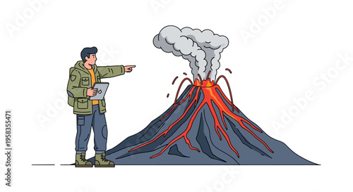 Scientist Observing Active Volcano Eruption with Lava Flow.