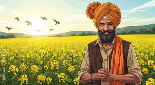 Baisakhi, Smiling Indian Sikh farmer in yellow mustard field at sunset with birds flying, vector illustration