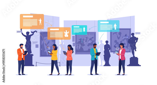 People interacting with augmented reality displays in a museum.