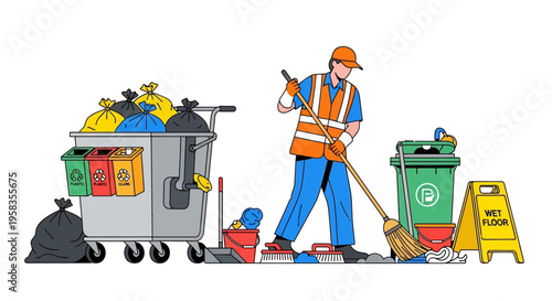 Sanitation worker cleaning street with broom and cart.