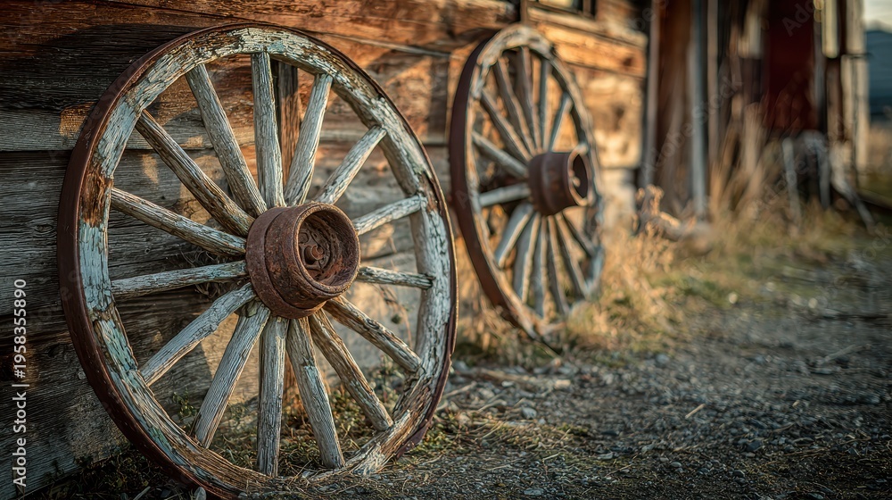Obraz premium Old cart wheels outdoors with weathered wood and patina in warm sunlight