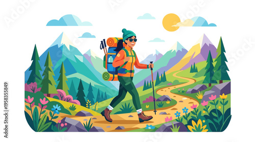 Person hiking with backpack and trekking poles.