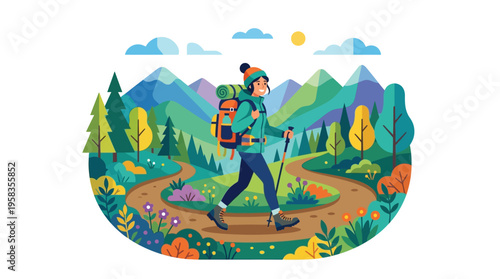 Person hiking with backpack and walking stick.