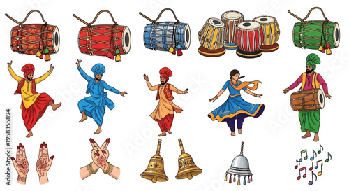 Baisakhi, Vibrant Indian Punjabi Folk Dance and Music Elements Vector Set with Dancers, Instruments, and Hand Gestures