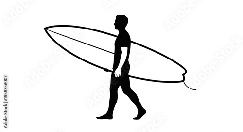 Silhouette of a surfer walking with surfboard on white background.