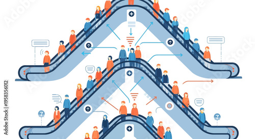 People on Escalators Illustrating Business Growth and Progress.