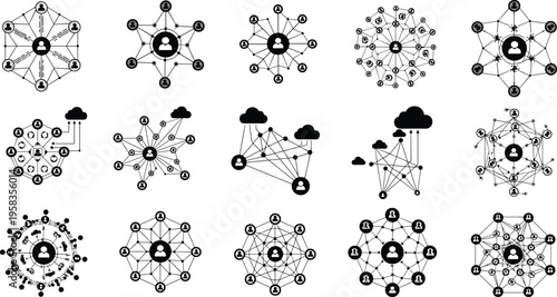 Abstract network connection nodes set with geometric structures, data visualization elements, digital technology concepts, futuristic black line vector illustration collection