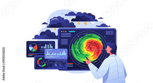Scientist Analyzing Complex Weather Data on Digital Screens.