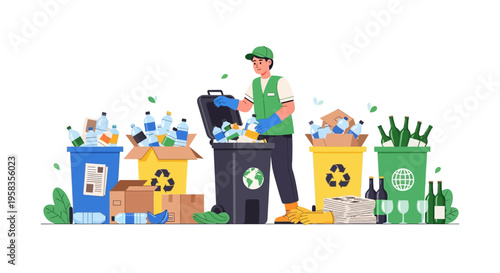 Recycling worker sorting waste into bins.