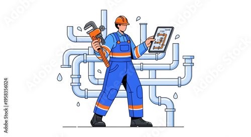 Plumber Inspecting Pipes with Tablet and Wrench.