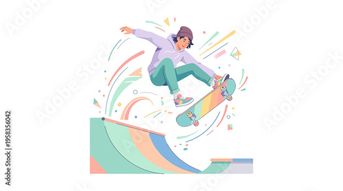 Skateboarder performing aerial trick on ramp with colorful design.