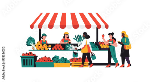 People shopping at a vibrant outdoor farmers market stall.