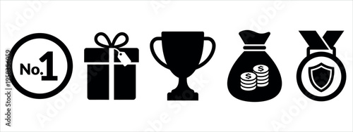 Minimalist black and white icon set representing success, achievement, and rewards. Ideal for business, marketing, education, and motivational content.
