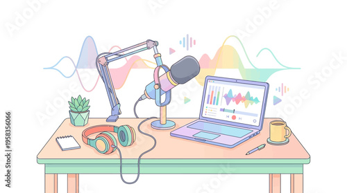 Podcast recording setup with microphone laptop and headphones.