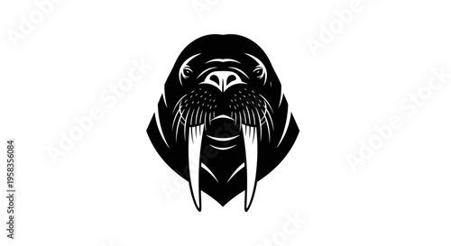 Silhouette of Walrus Head with Long Tusks and Whiskers.
