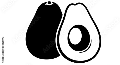 Simple Black and White Icon of an Avocado and a Halved Avocado.