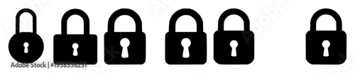 Padlock set with two flat black silhouettes side-by-side on a light gray background featuring black and white, minimalist, bold lines with lock and unlock