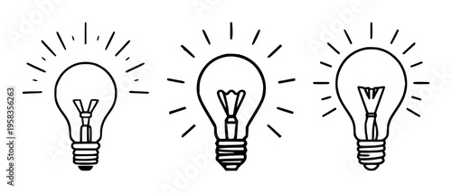 Light bulb set with glowing icon centered on light gray background featuring thick dark gray line art, radiating strokes, minimalist with neutral palette and modern flat