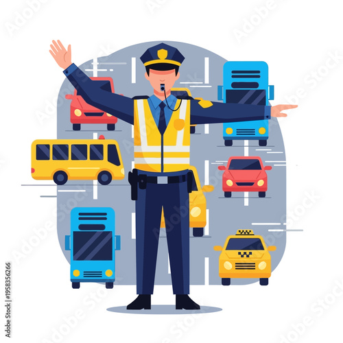 Police officer directing traffic with authority and control.