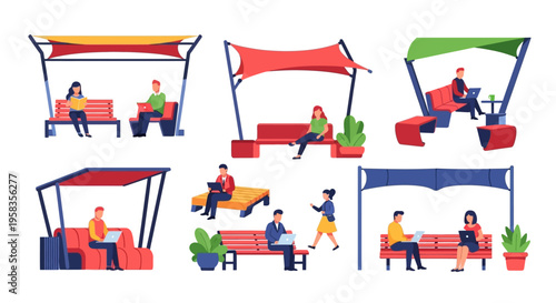 People working and relaxing outdoors under shaded structures.