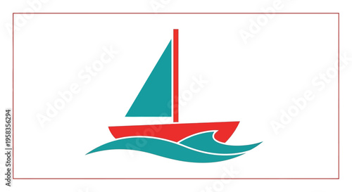 Simple Red Sailboat on Teal Waves Illustration.