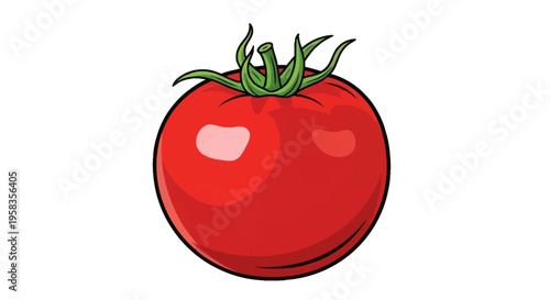 Single Ripe Red Tomato with Green Stem and Leaves.