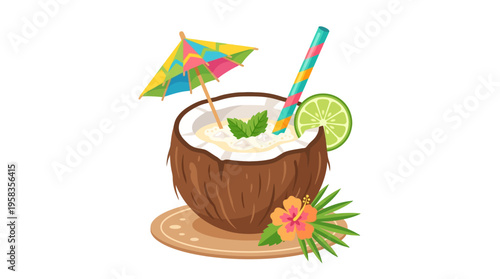 Refreshing Coconut Drink with Tropical Garnishes.