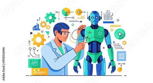 Scientist working on advanced humanoid robot technology.