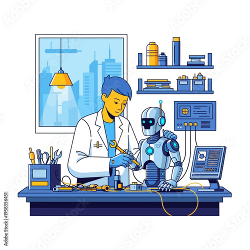 Scientist working on a small robot in a lab.