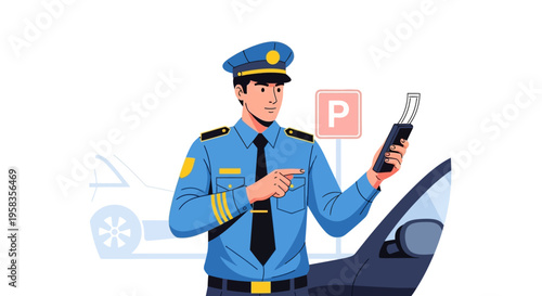 Police Officer in Uniform Holding a Radio and Pointing.