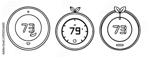 Flat vector icon of a smart thermostat with a leaf, energy-saving symbol, bold minimalist lines, white background. set with simple line art design featuring line art, illustrations, graphic resourc...