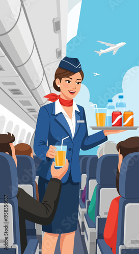 Smiling flight attendant serving drinks on airplane.