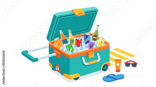 Portable Rolling Cooler Box Filled with Refreshing Drinks and Ice.