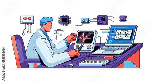 Scientist working on advanced technology equipment in laboratory.