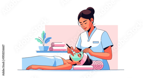 Skilled aesthetician applying facial mask to client.