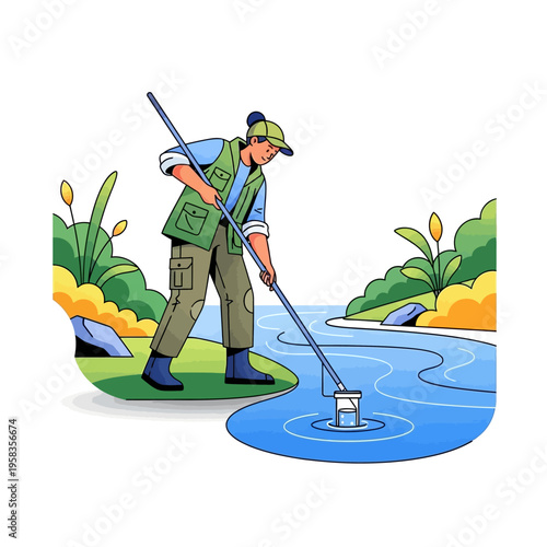 Person collecting water sample with net in river.